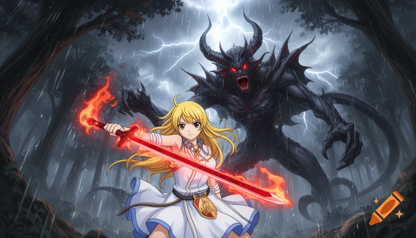 Anime girl with a flaming sword battles a horned demon in a storm-ridden forest with lightning.