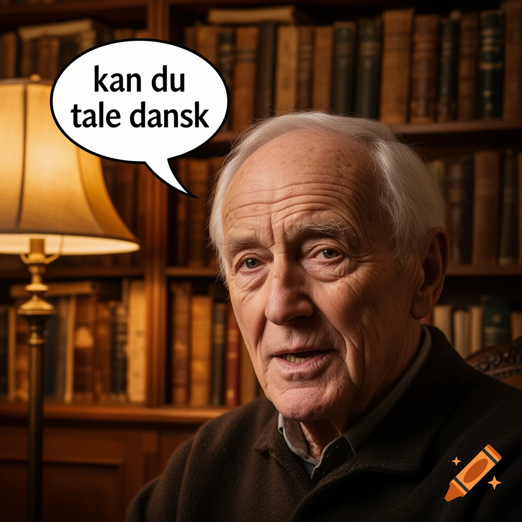 An elderly man with white hair wearing a brown sweater sits in a dimly lit library with bookshelves, speaking 'kan du tale dansk' in a speech bubble.