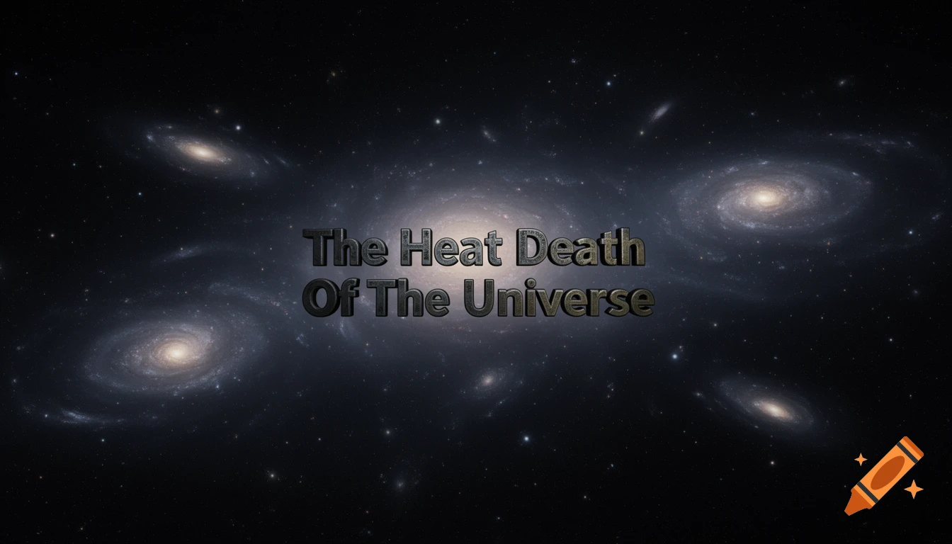 3D text 'The Heat Death Of The Universe' centered in a dark space filled with multiple spiral galaxies and stars.