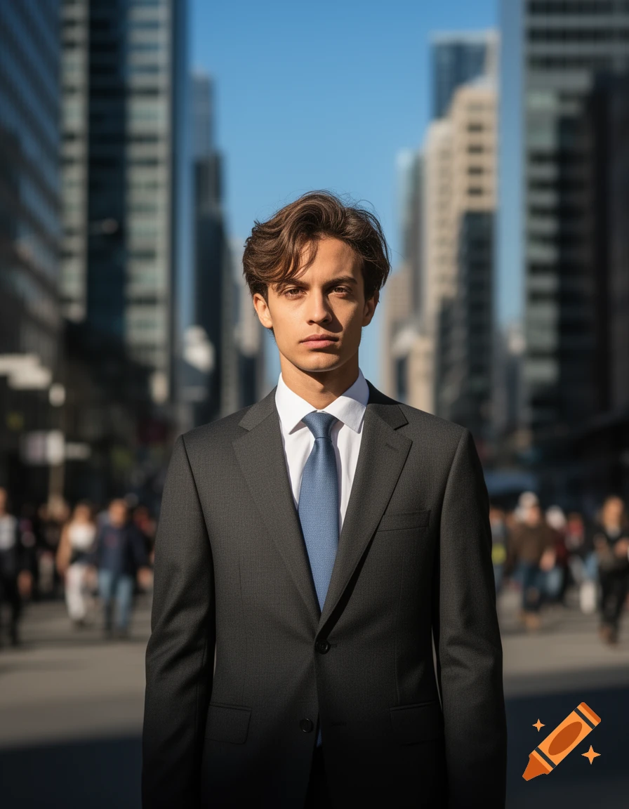 A young man in a dark gray suit and blue tie stands in a busy city street, looking at the viewer.