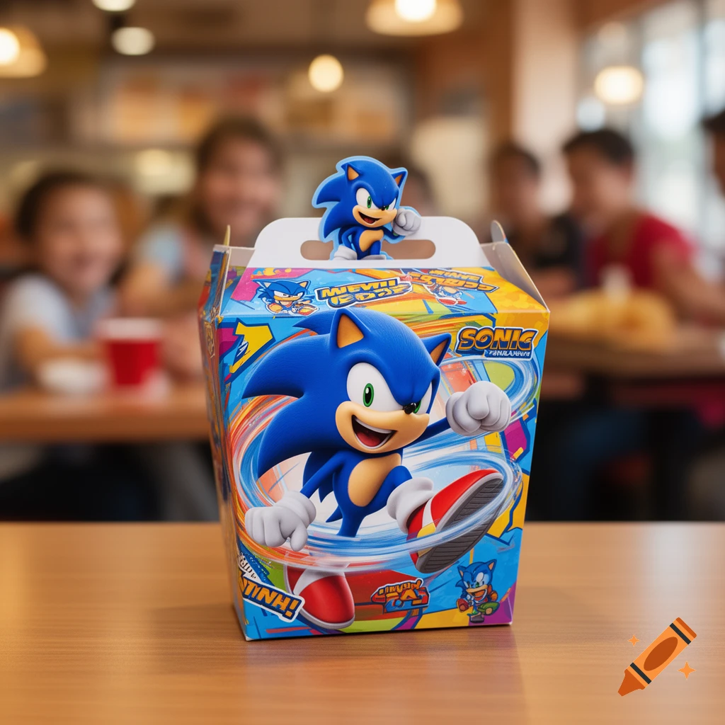 A colorful Sonic the Hedgehog happy meal box with a small Sonic cutout on top sits on a wooden table in a restaurant.