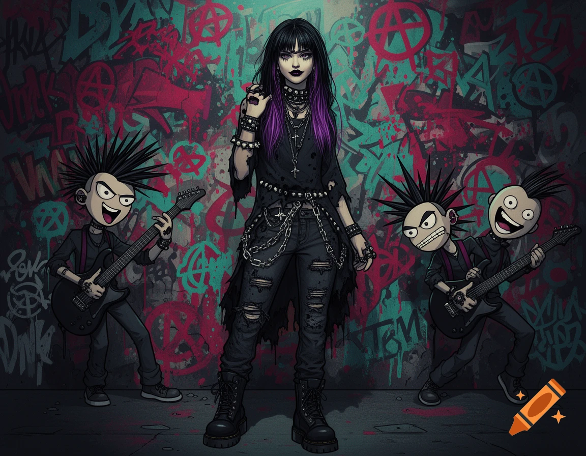 A gothic teen with purple hair stands before a graffiti-covered wall, flanked by two cartoon punk rock guitarists. The style is vibrant and dark.
