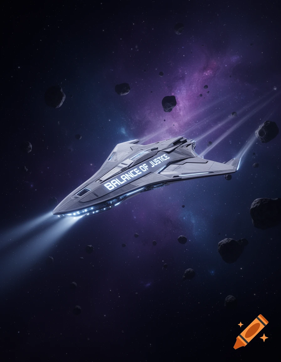 A futuristic grey spaceship named 'BALANCE OF JUSTICE' flies through a star-filled space with asteroids and a purple nebula.