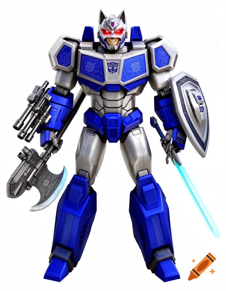 Full-body animated concept art of Zactimus Prime, a blue and metallic silver Autobot robot with red glowing eyes, holding a battle axe, a sword, and a shield.