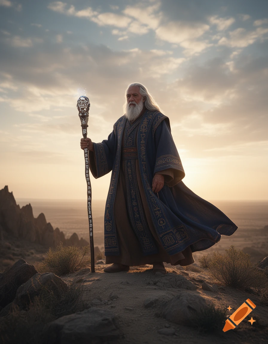 A wise old man with a long white beard, dressed in a blue robe with golden patterns, stands on a rocky desert hill at sunset, holding a mystical staff with glowing top and intricate carvings.