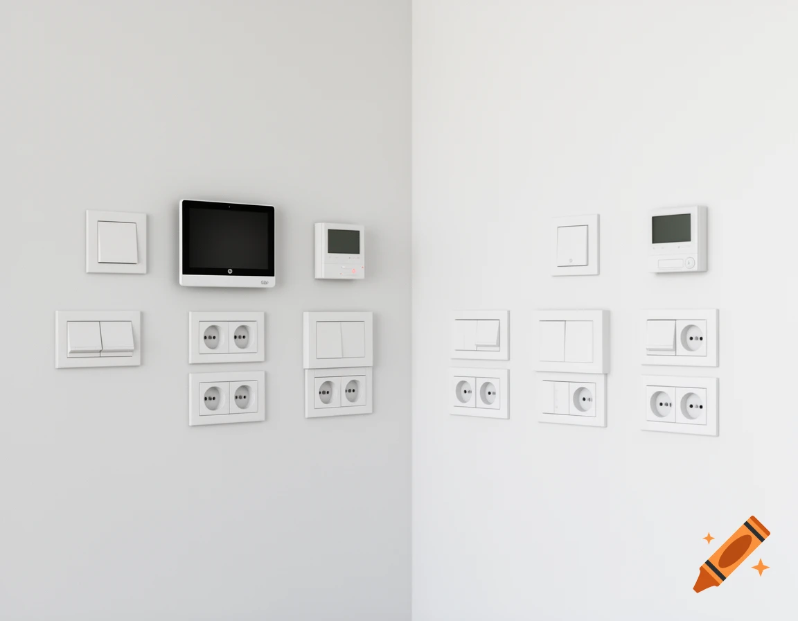A modern, minimalist arrangement of white light switches, power outlets, a smart home touch display, and a thermostat on two pristine white walls in a corner. The devices are cleanly aligned and spaced.