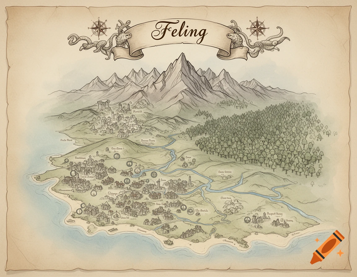 A vintage-style fantasy map of a land called Feling, featuring mountains, forests, a river, coastal towns, and a banner with sea creatures.