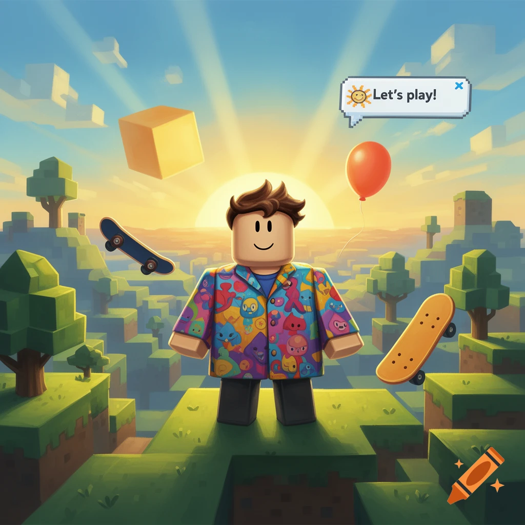 A Roblox character in a colorful shirt stands in a blocky, Minecraft-like world with skateboards, a balloon, and a speech bubble 'Let's play!' at sunrise.