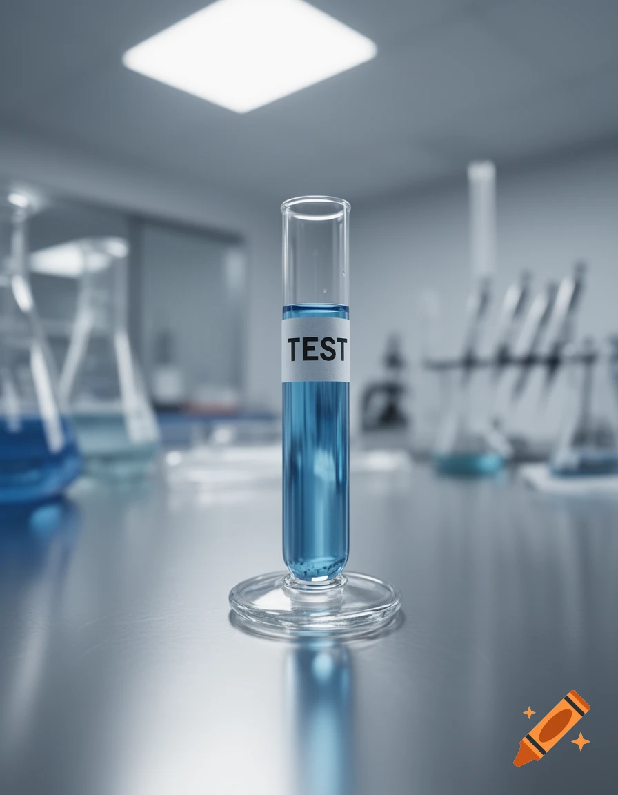 A photorealistic image of a test tube with blue liquid and a 'TEST' label in a laboratory setting.