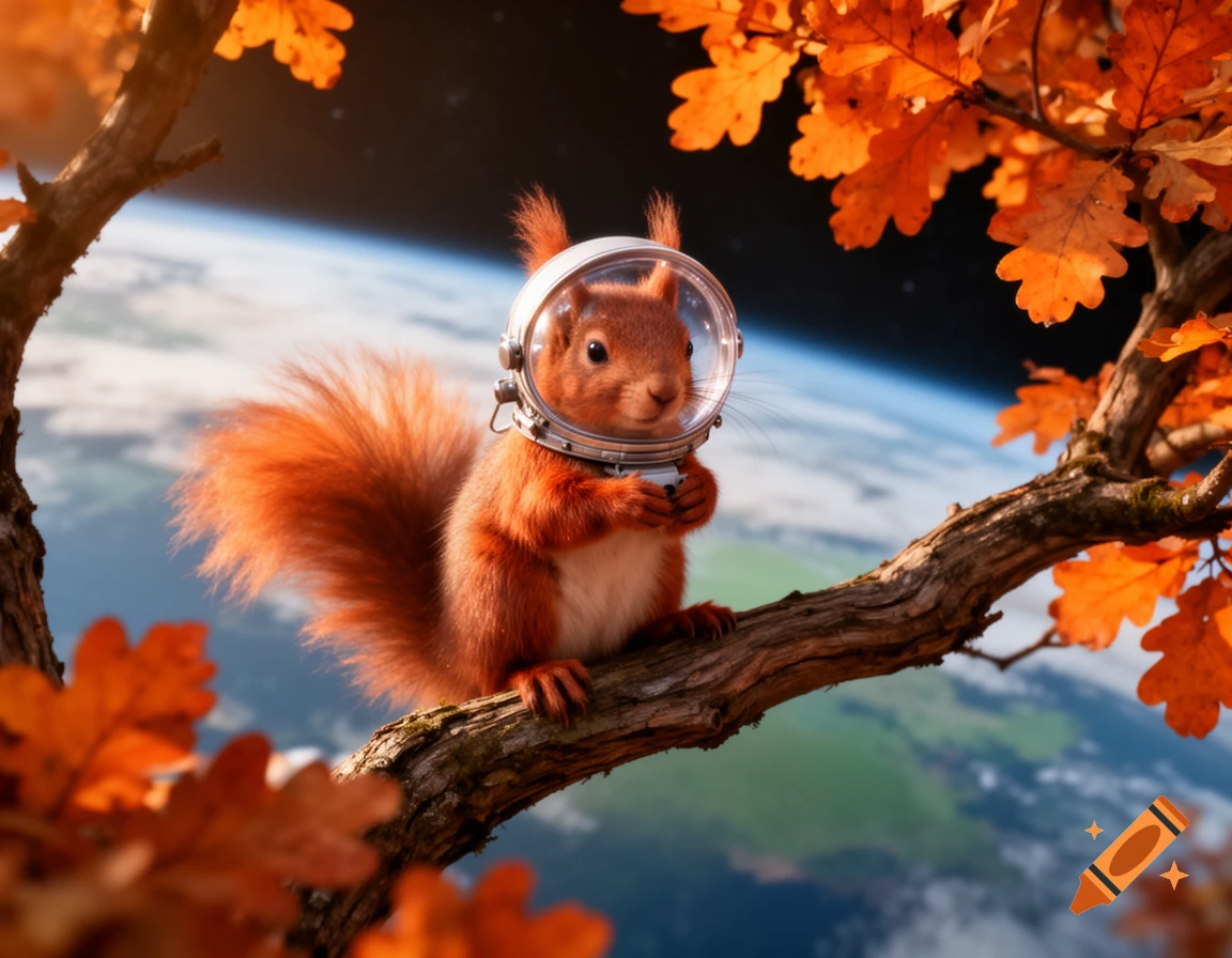 Photorealistic red squirrel in a tiny astronaut helmet on an autumn branch, with Earth from space in the blurred background.