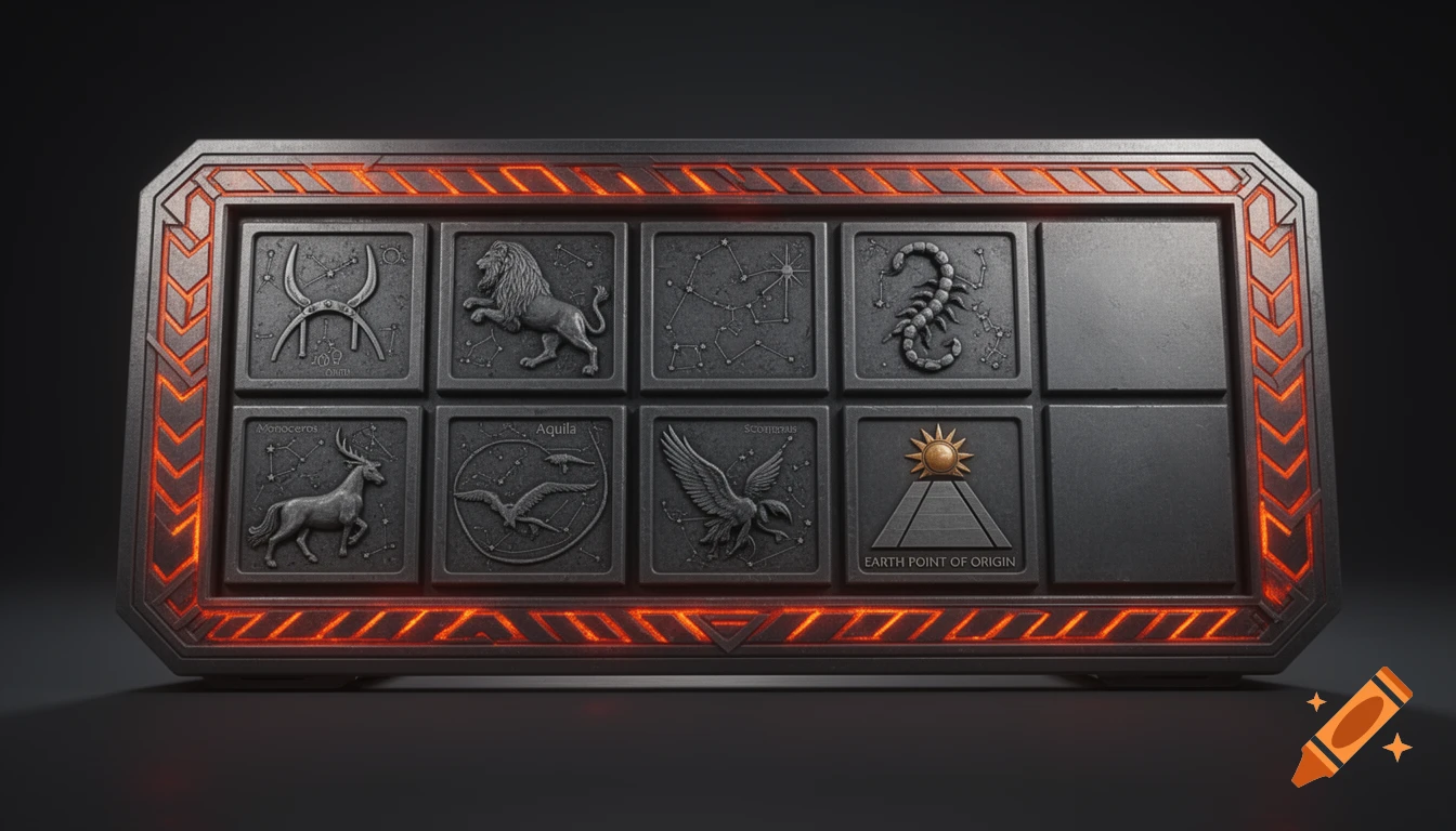 A rectangular, dark grey metallic sci-fi plaque with orange-red glowing borders and chevron patterns. It features eight square panels, six of which contain engraved constellation symbols like Orion, Leo, a scorpion, a deer, birds, and the Earth Point of Origin symbol.