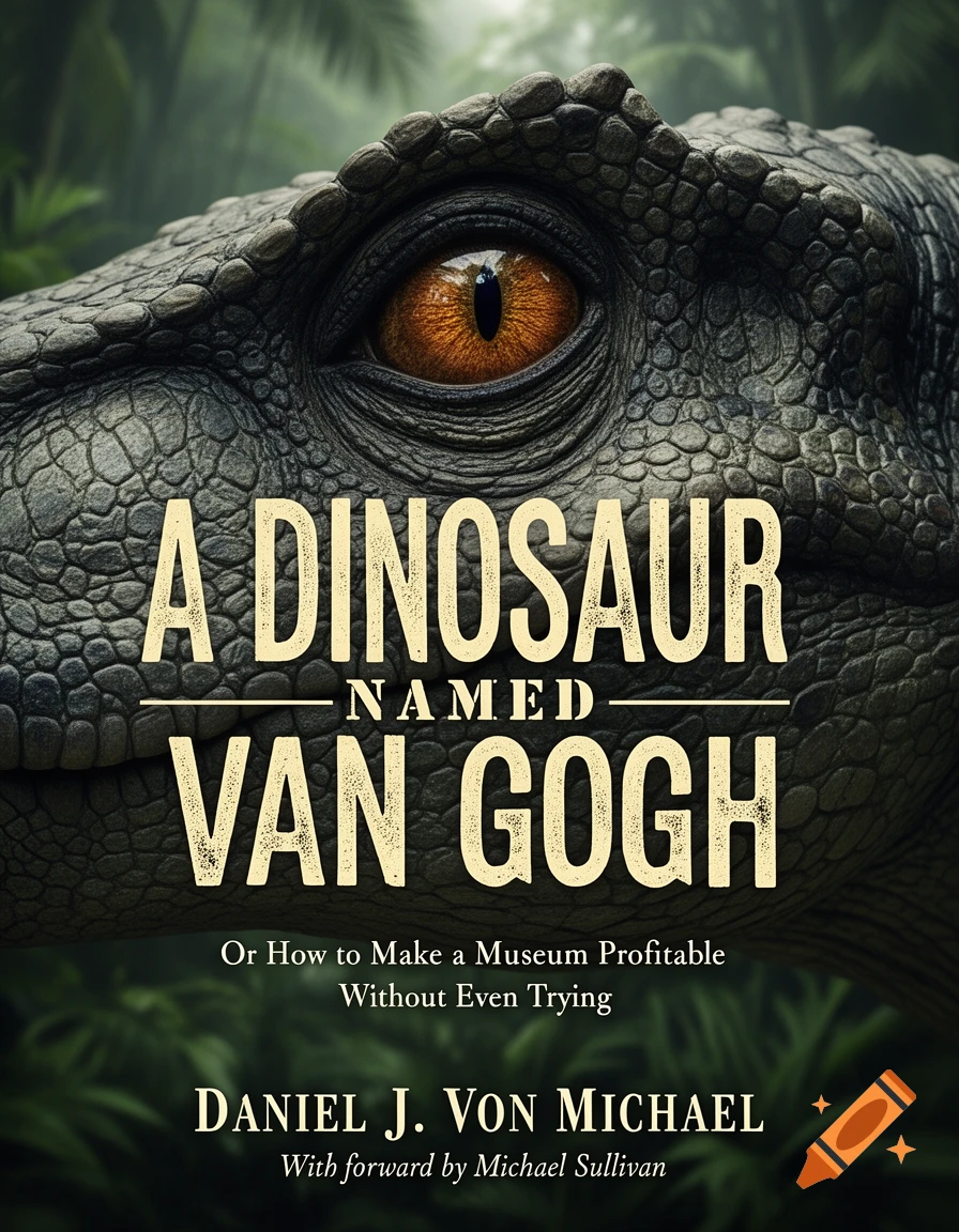 Photorealistic book cover featuring a close-up of a dinosaur's eye, with the title 'A Dinosaur Named Van Gogh' and a jungle background.