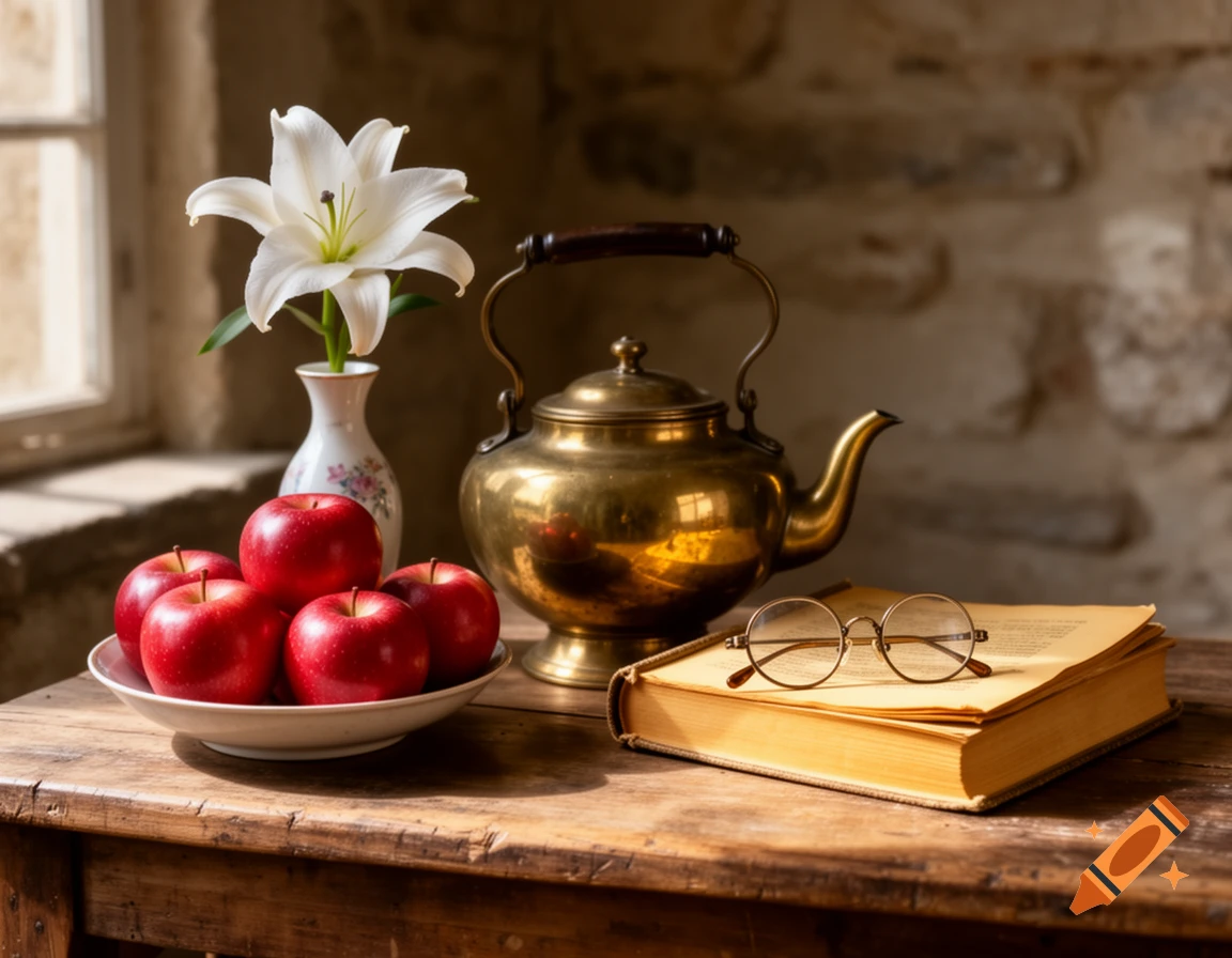 A photorealistic still life featuring a bowl of red apples, a white lily in a vase, a brass teapot, an open book, and reading glasses on a wooden table.