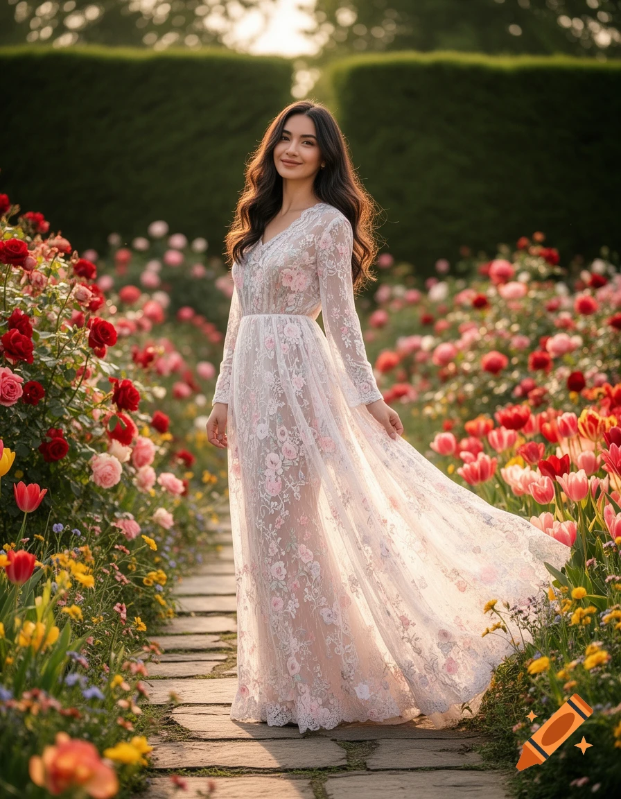 A beautiful woman in a long, flowing lace dress walks on a stone path through a vibrant rose and tulip garden at sunset.