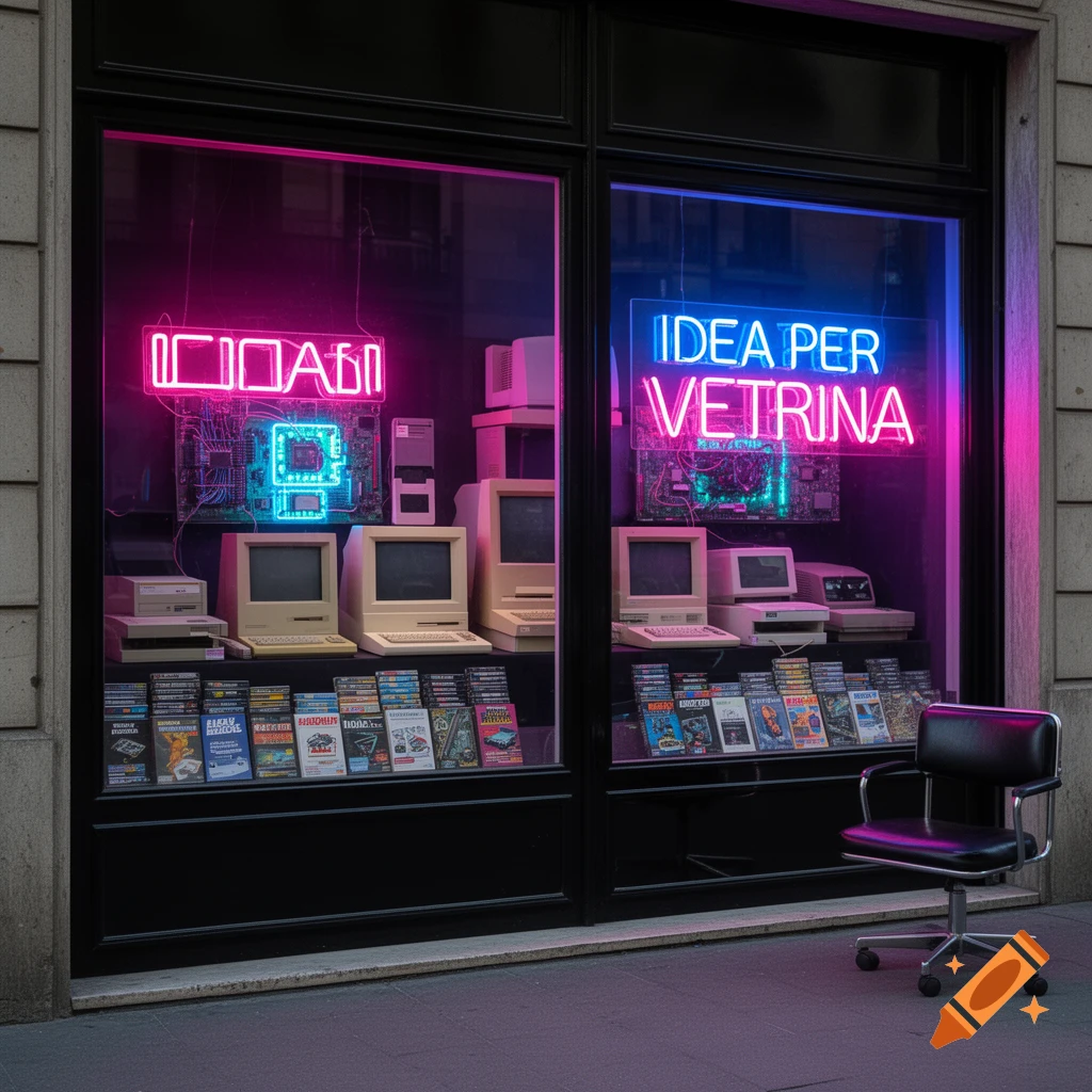 A retro-themed computer repair shop window with neon signs and vintage computers and software, including an office chair outside.