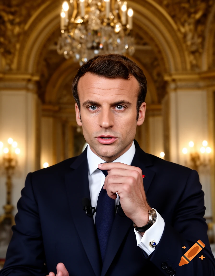Photorealistic portrait of Emmanuel Macron in a dark suit, adjusting his tie in an ornate, gilded room.