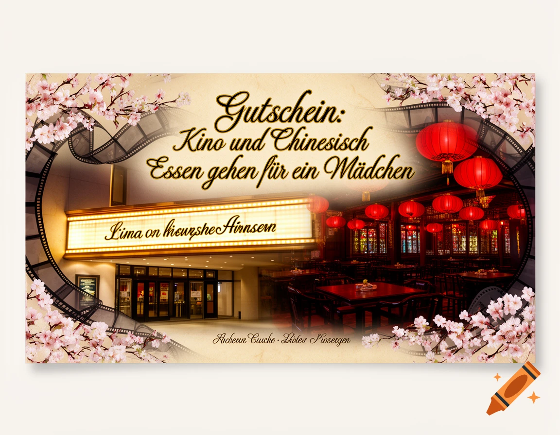 A stylized gift voucher features cherry blossoms and film strips framing a movie theater entrance and a Chinese restaurant interior, with decorative text.