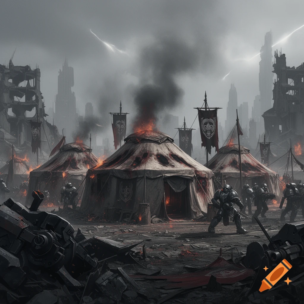 A grimdark, ruined cityscape with several large, burning tents amidst rubble and debris. Armored soldiers patrol the desolate, smoky scene under a grey sky.