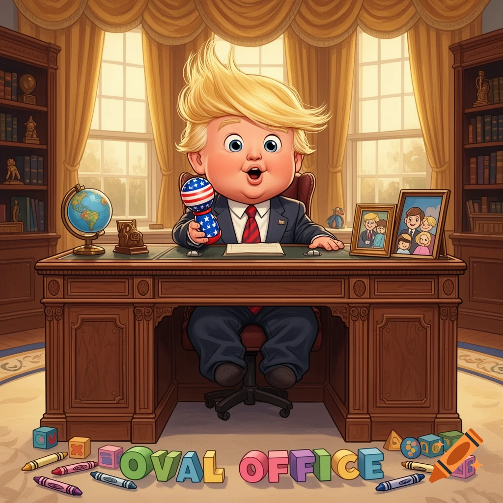 A detailed cartoon of a baby-like Donald Trump in a suit holding a microphone, seated at a desk in the Oval Office, with colorful letters spelling 'OVAL OFFICE' on the floor.