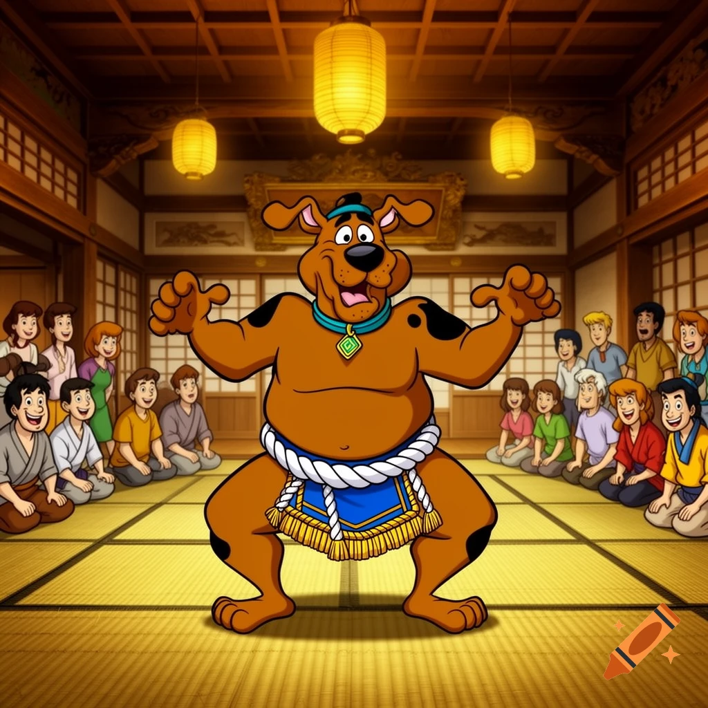 Cartoon Scooby-Doo in a sumo mawashi poses in a traditional Japanese dojo before an audience.