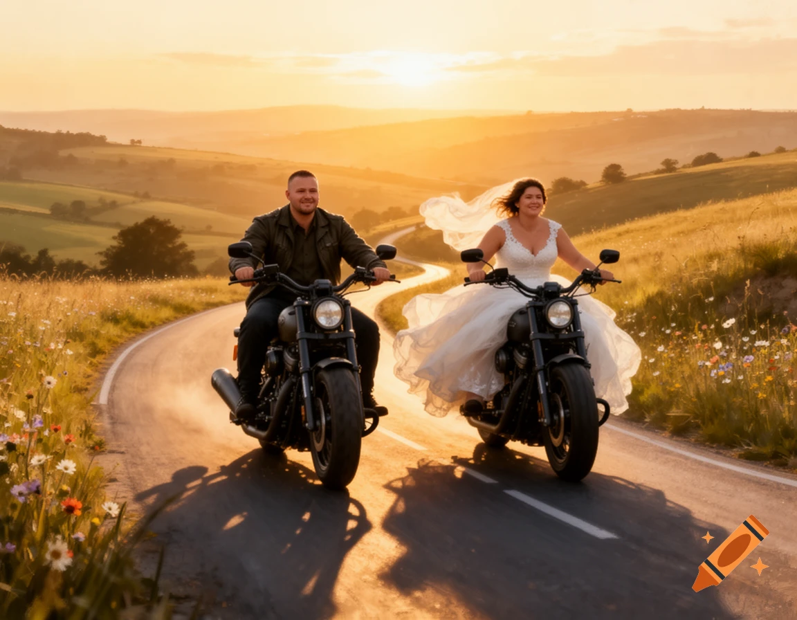 A bridal couple smiles happily while riding heavy motorcycles down a winding country road at sunset.
