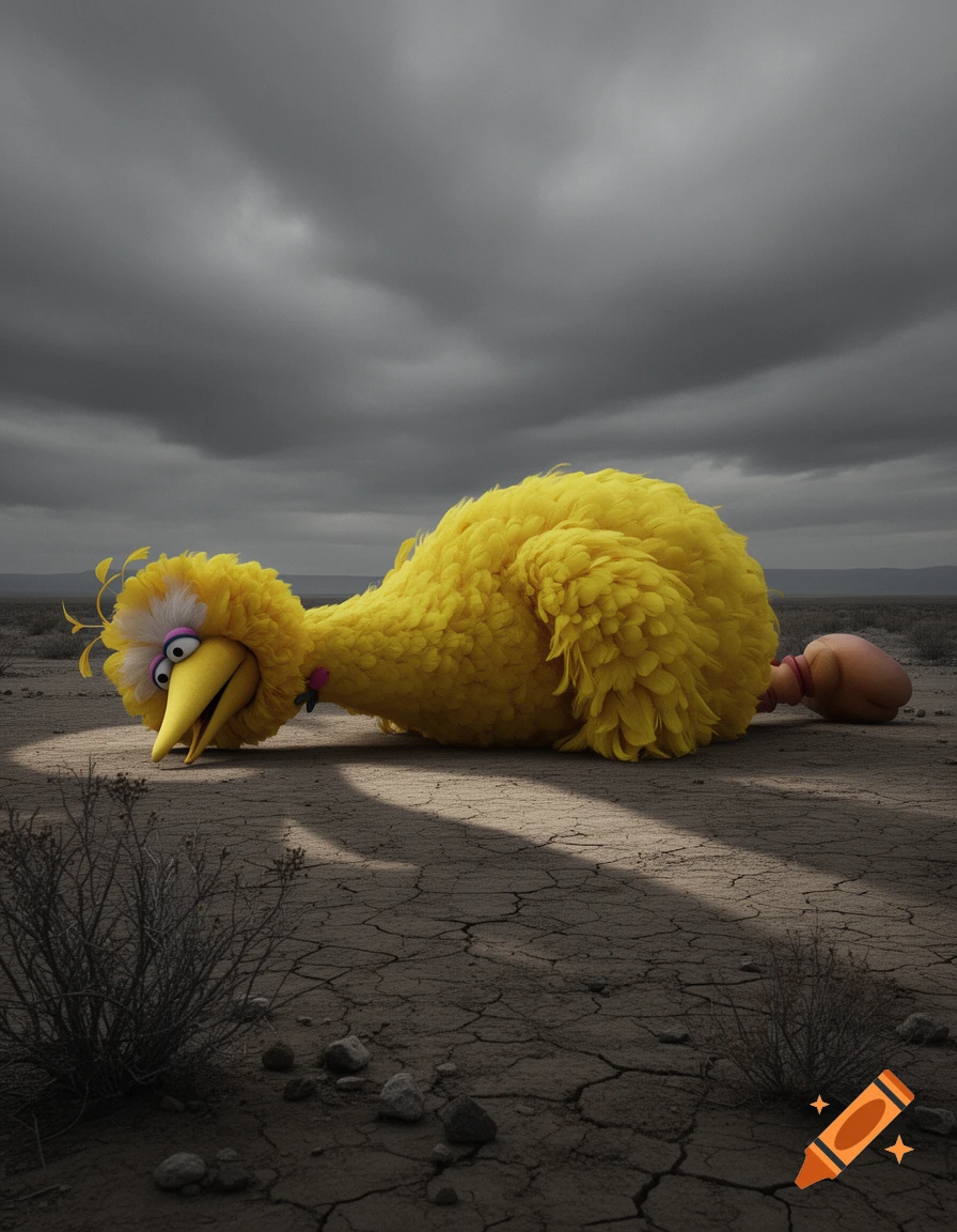 Photorealistic image of Big Bird lying face down on cracked dry earth under a cloudy, somber sky.