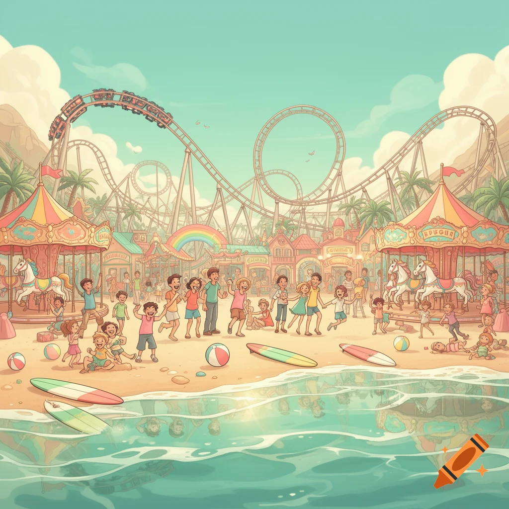 A vibrant cartoon scene of an amusement park on a beach with a roller coaster, carousels, and many happy children playing near the ocean.