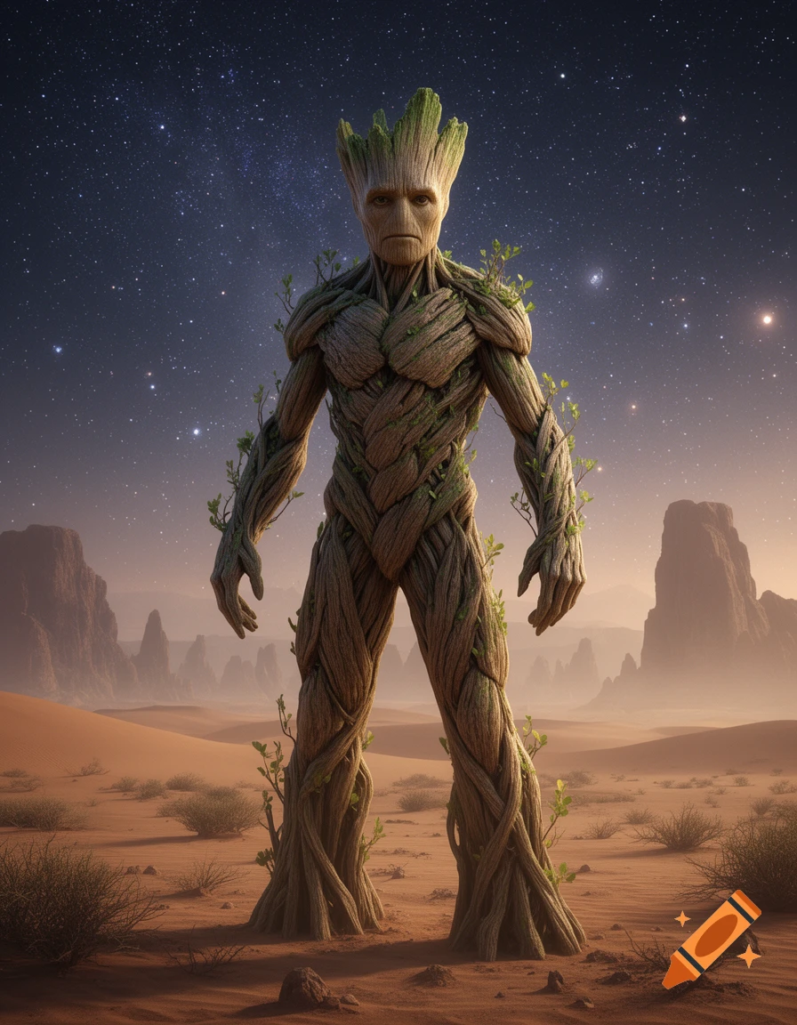 A Groot-like character made of wood and roots stands in a vast, sandy desert under a starry night sky with distant rock formations.