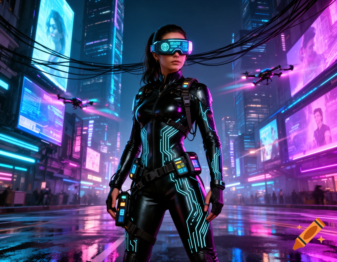 A woman in a black suit with glowing neon lines and a VR headset stands in a futuristic cyberpunk city at night with drones.