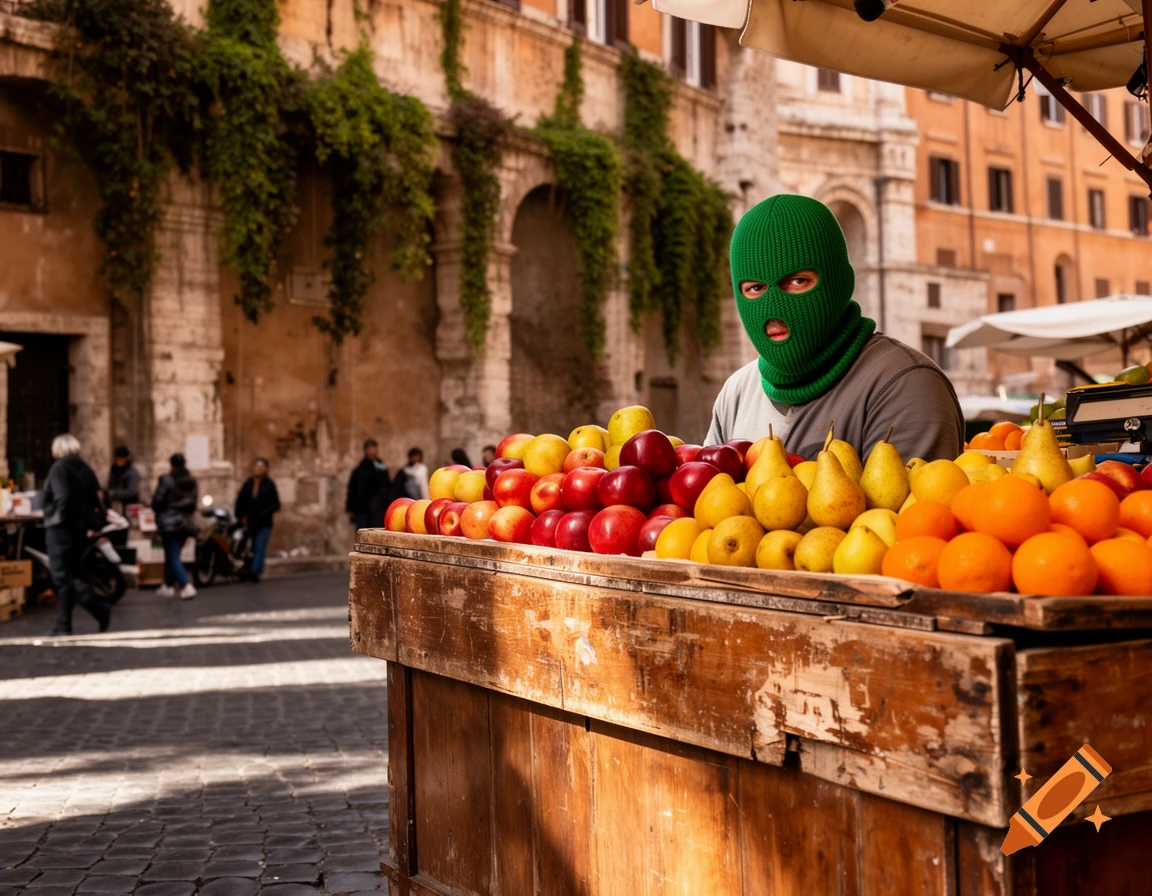 A person wearing a green balaclava stands behind a wooden fruit stand laden with apples, pears, and oranges in a bustling European city street.