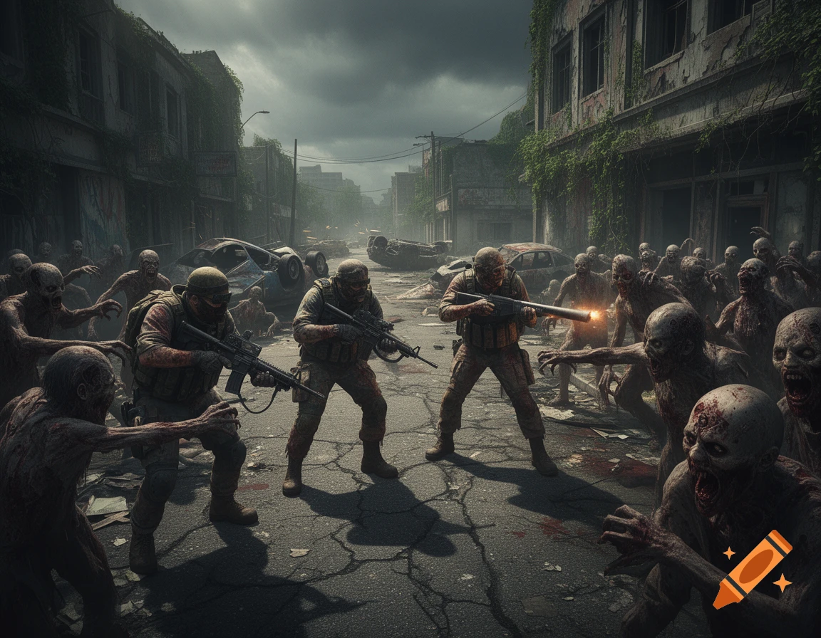 Three soldiers fight a horde of zombies in a devastated city street under a dark sky, photorealistic style.