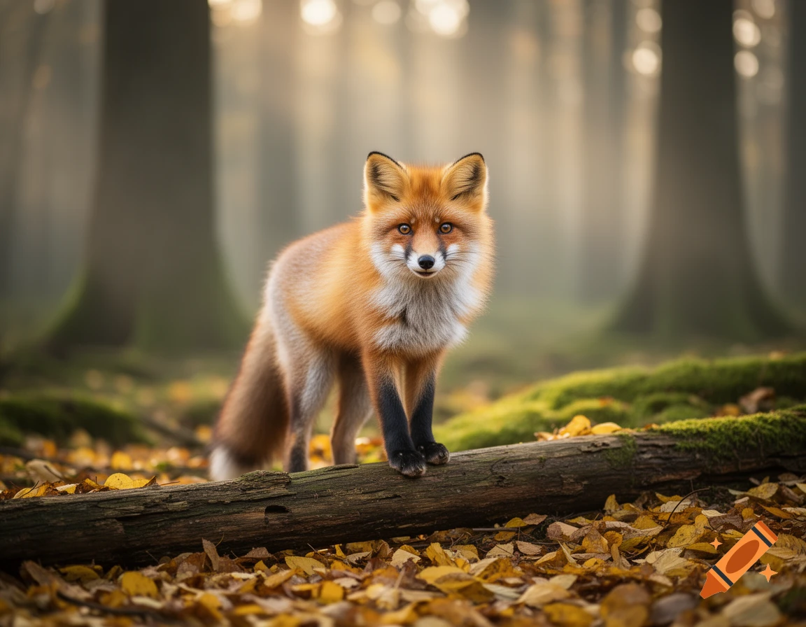 A photorealistic red fox stands on a fallen log amidst autumn leaves in a misty forest, looking forward.