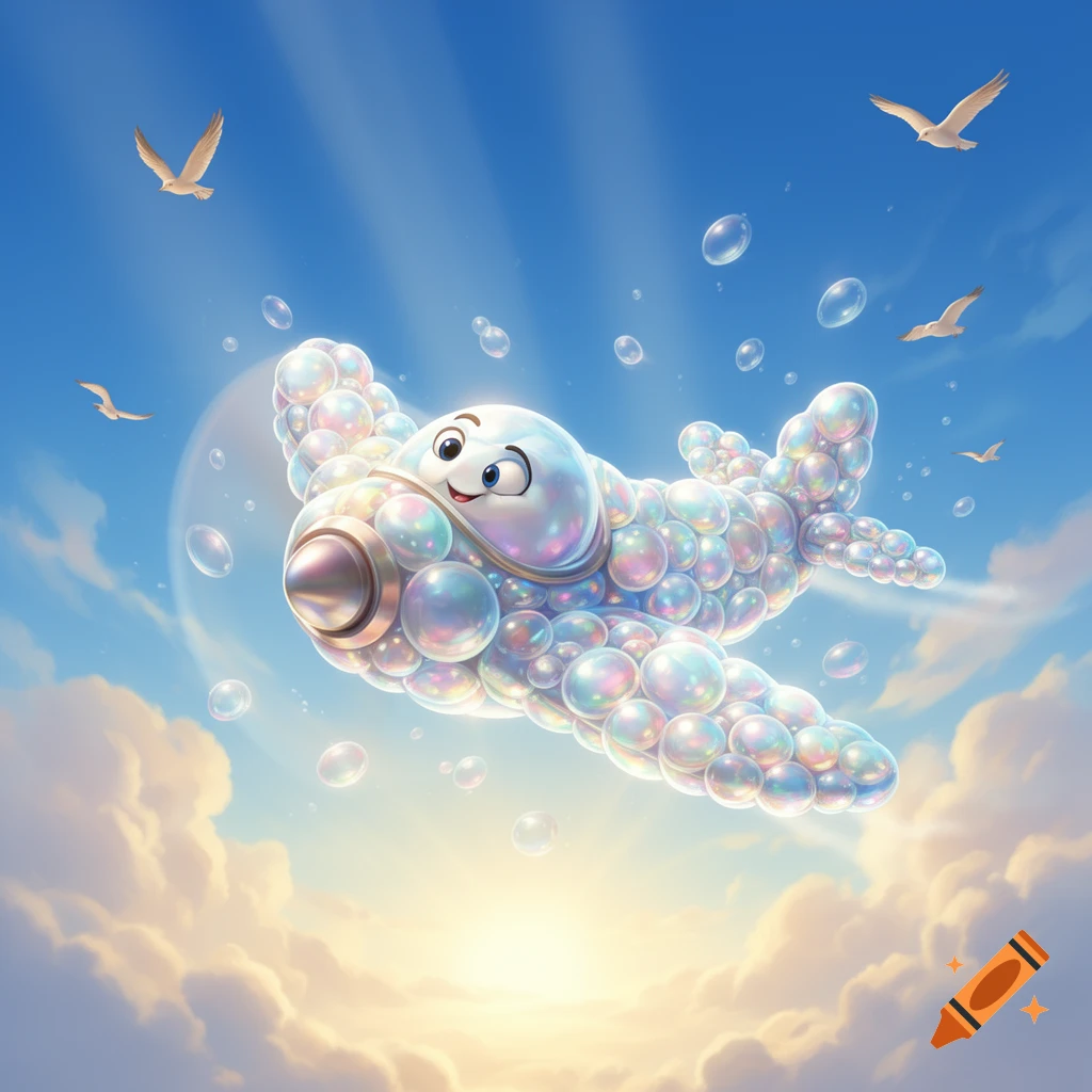 A cartoon airplane made of iridescent bubbles with a smiling face, flying through a bright blue sky with white clouds and several birds.