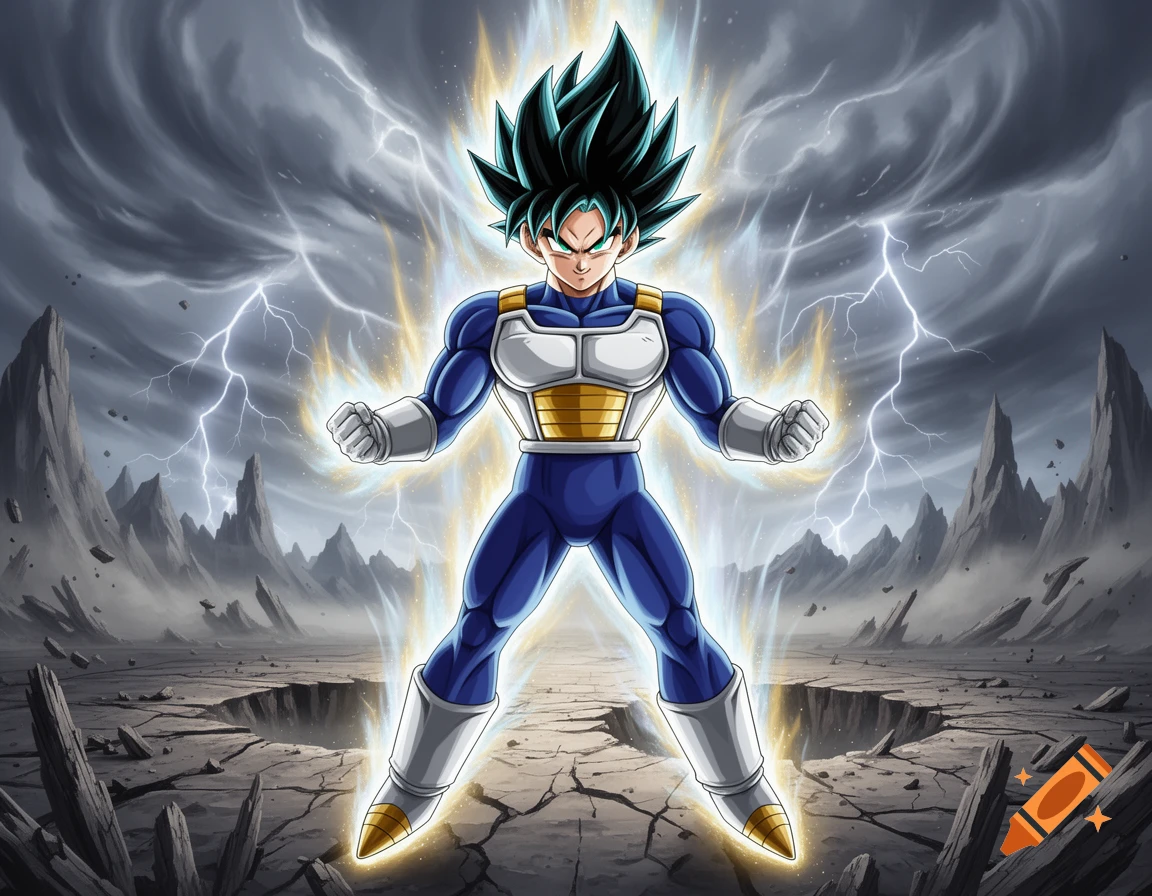 An anime character, a fusion of Goku and Vegeta, with spiky dark hair and blue armor, surrounded by golden energy and lightning in a rocky landscape.