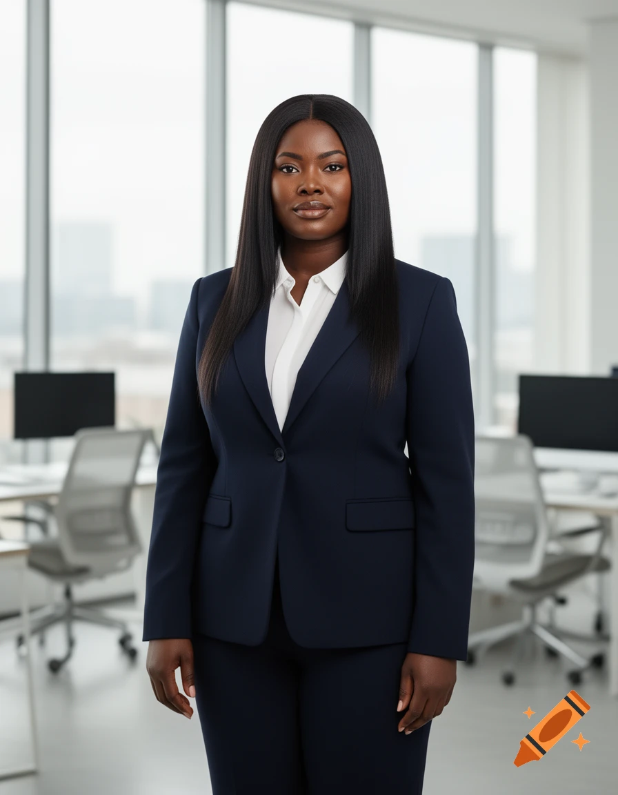 Photorealistic portrait of a professional Black woman in a dark blue suit and white shirt, standing in a modern office.