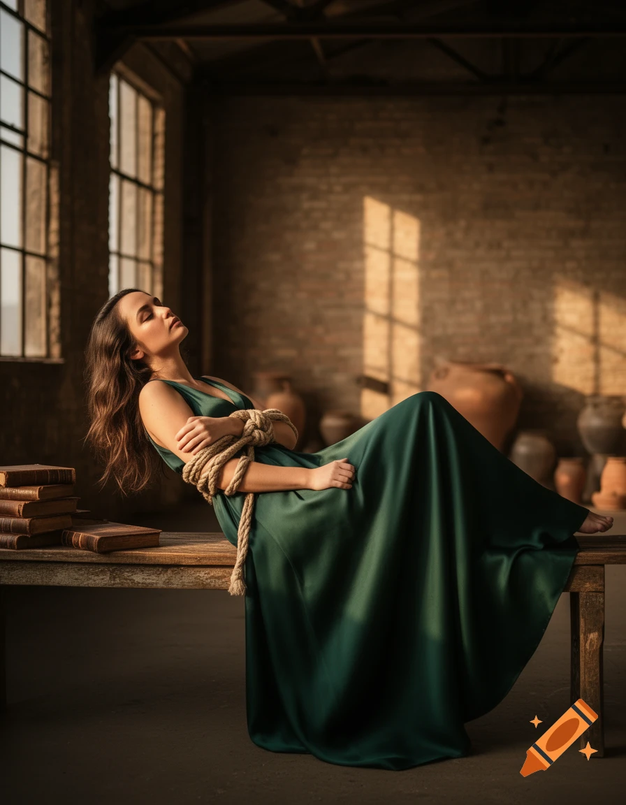 A woman with her arms tied by rope, wearing a long green dress, lies on a wooden bench in a sunlit, industrial-style room.