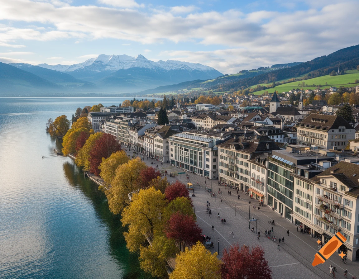 An aerial view of a lakeside town with autumn trees along the water, framed by green hills and snow-capped mountains under a blue sky.