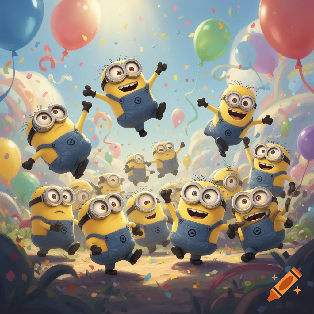 Many happy Minions jumping and dancing amidst colorful confetti and balloons under a bright sky, celebrating.