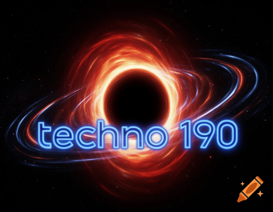 Blue glowing text 'techno 190' over a swirling orange and red black hole in a star-filled cosmos.