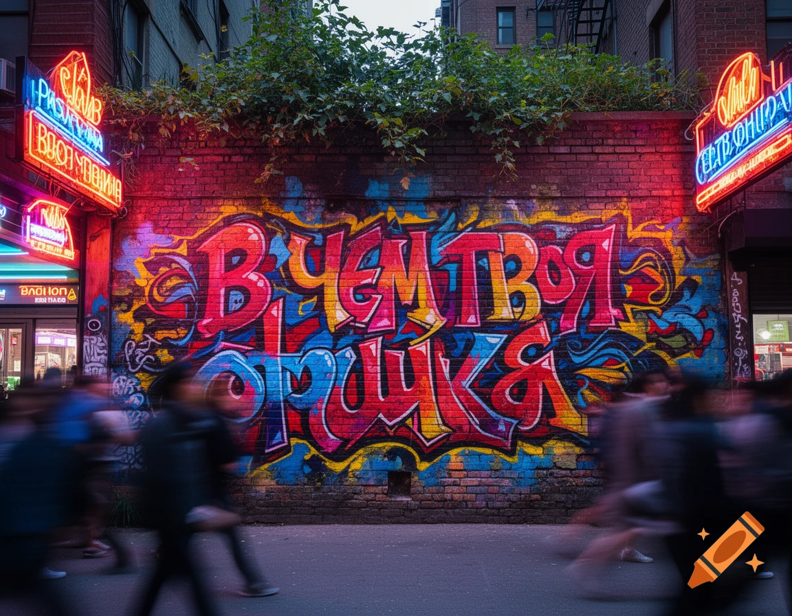 Photorealistic image of a vibrant, colorful graffiti mural on a brick wall, with neon signs glowing on either side. Blurred figures of people walk on the sidewalk in front of the wall.