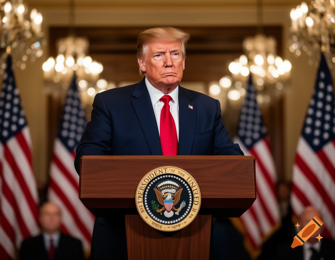 Donald Trump stands behind a wooden podium with the Presidential Seal, flanked by American flags in a formal setting.