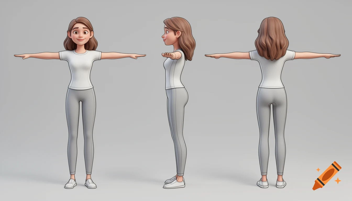 3D cartoon line art reference sheet of a female figure in T-pose, wearing a white t-shirt and grey leggings, shown from front, side, and back.