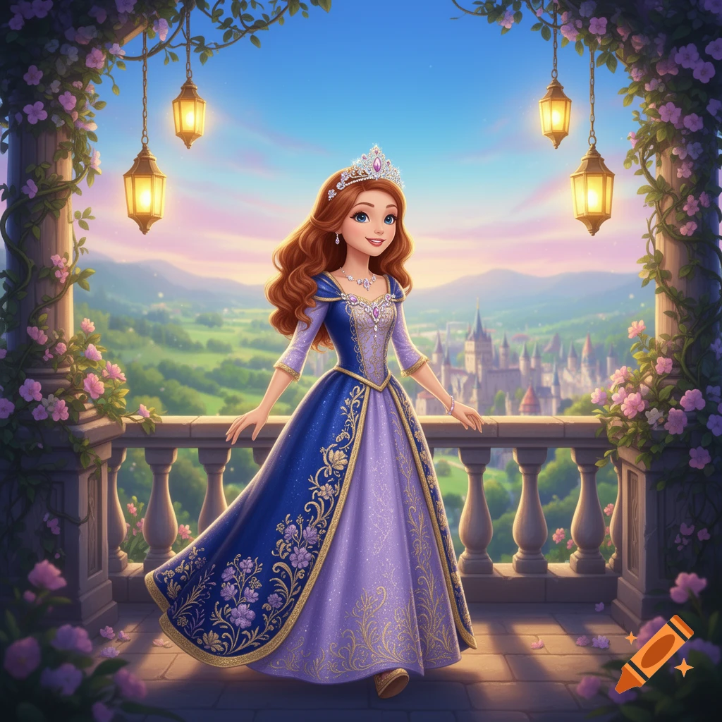 A cartoon princess in a blue and purple gown with a crown stands on a balcony overlooking a fantasy castle and landscape.