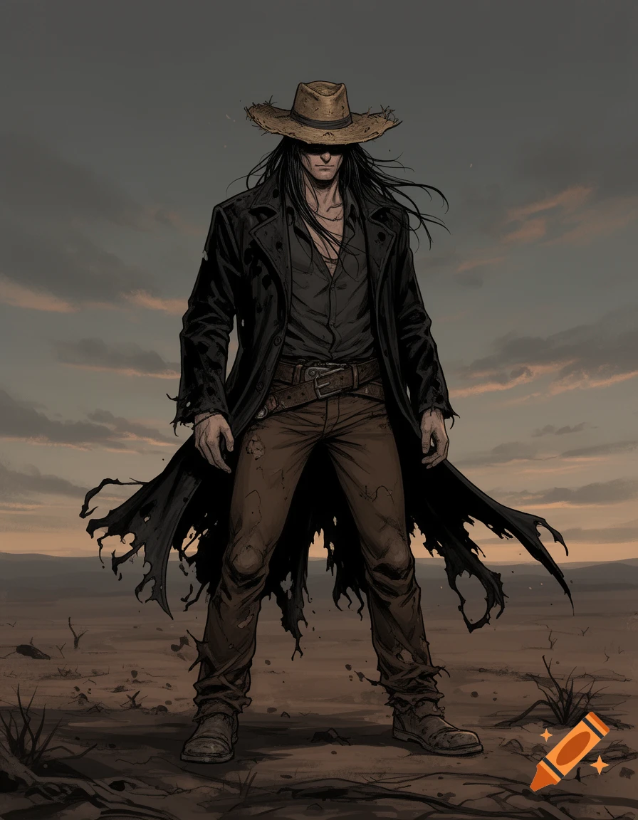 A gaunt man with long black hair, a straw hat, and a tattered black duster stands in a desolate, dusty landscape under a cloudy sky, in a stylized, comic book art style.