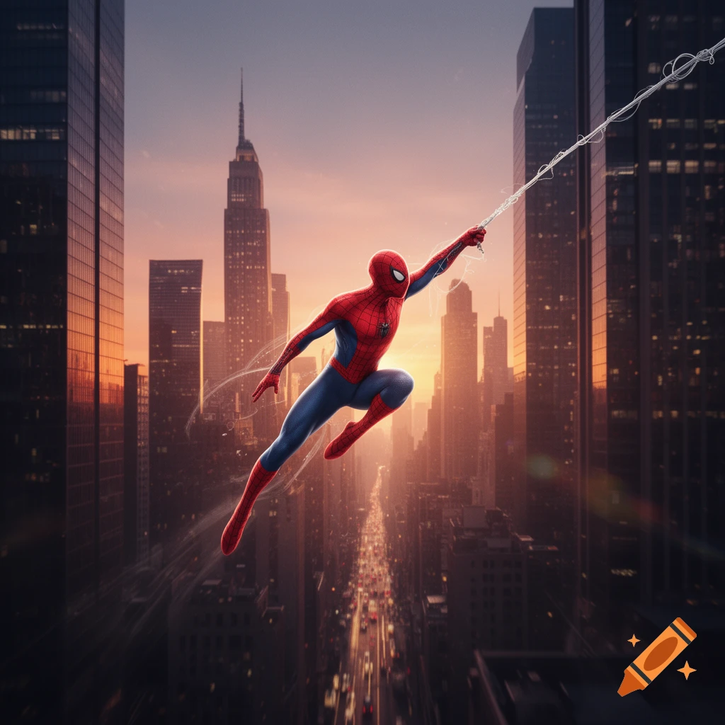 Photorealistic Spider-Man swings on a web above a bustling city street at sunset, framed by towering skyscrapers.