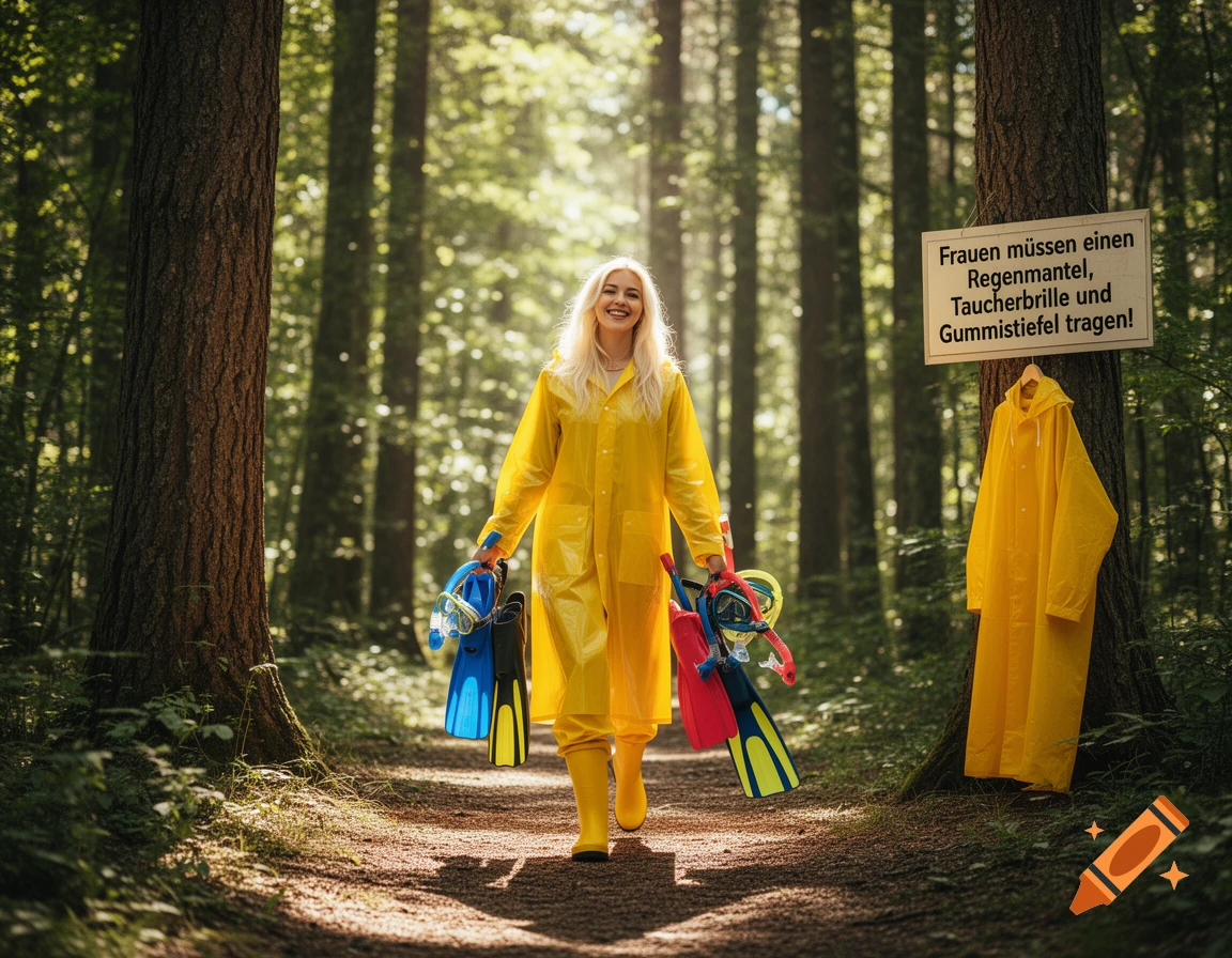 Smiling blonde woman in a yellow raincoat and boots walks in a sunny forest, carrying diving gear. A sign and another raincoat hang on trees.