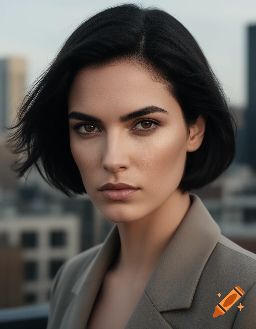 Photorealistic portrait of a woman with short dark hair and brown eyes, wearing a beige blazer, with a blurred city background.