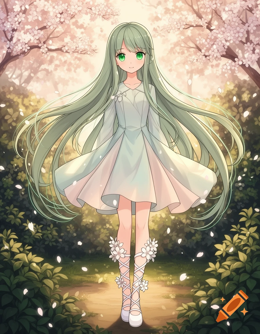 Anime girl with long sage green hair and green eyes, wearing a white dress and flower-strapped shoes, standing on a path under cherry blossom trees with falling petals.