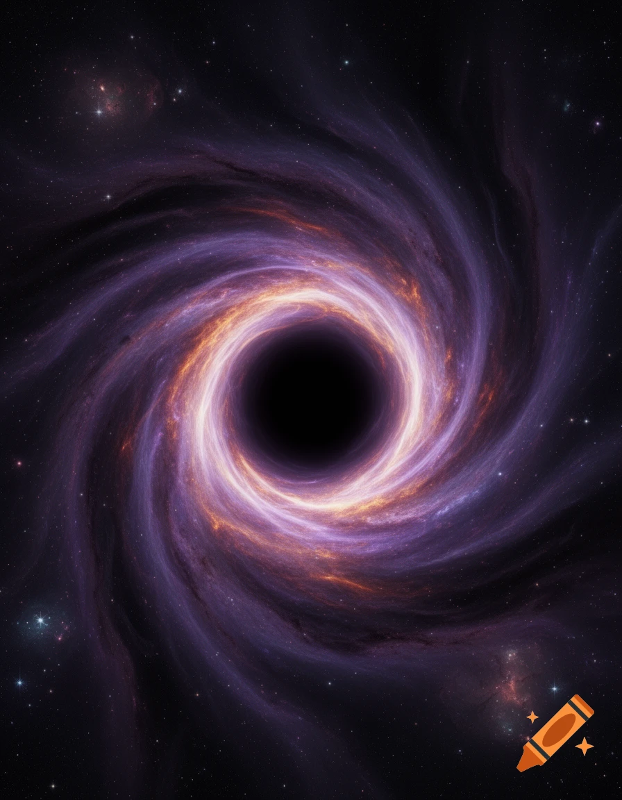 A vibrant black hole with a swirling orange and purple accretion disk against a dark, star-filled cosmic background.