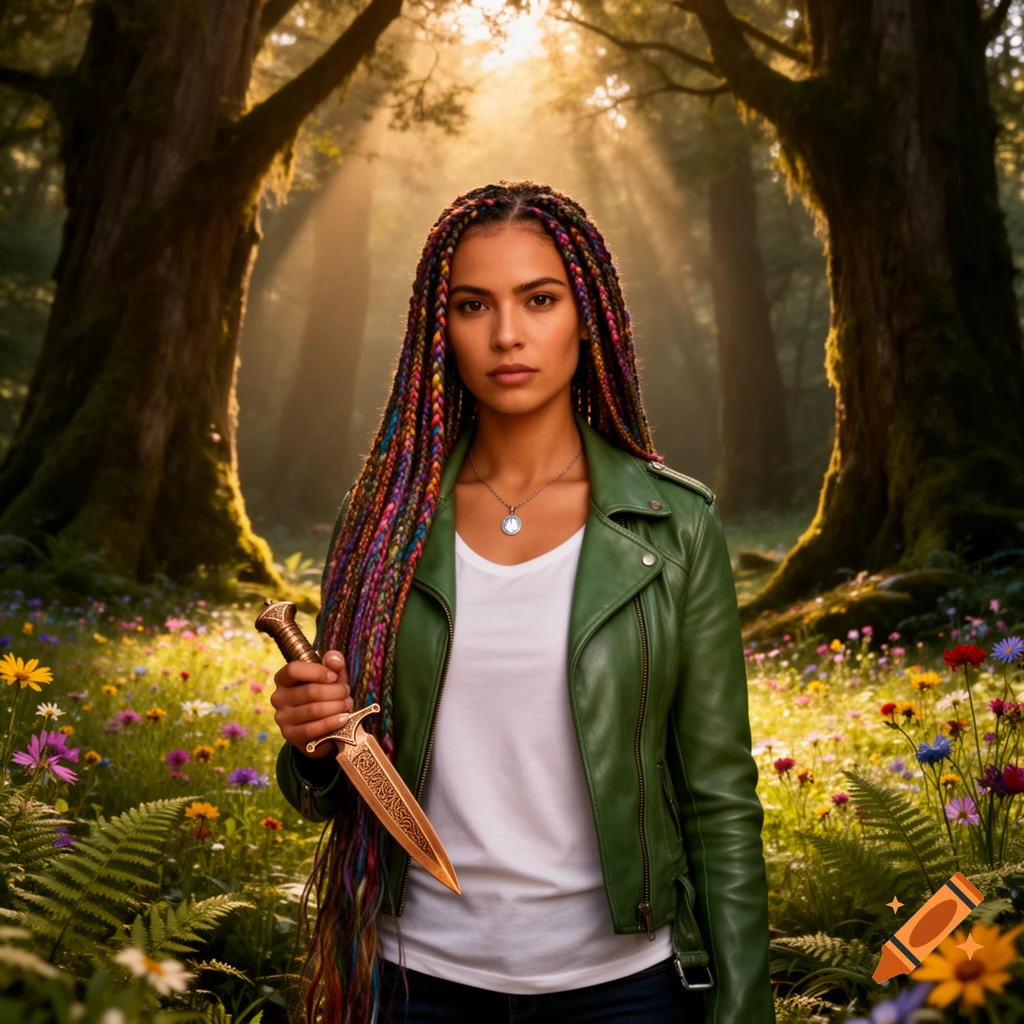 A woman with colorful braided hair and a green leather jacket stands in a sunlit forest, holding an ornate dagger.